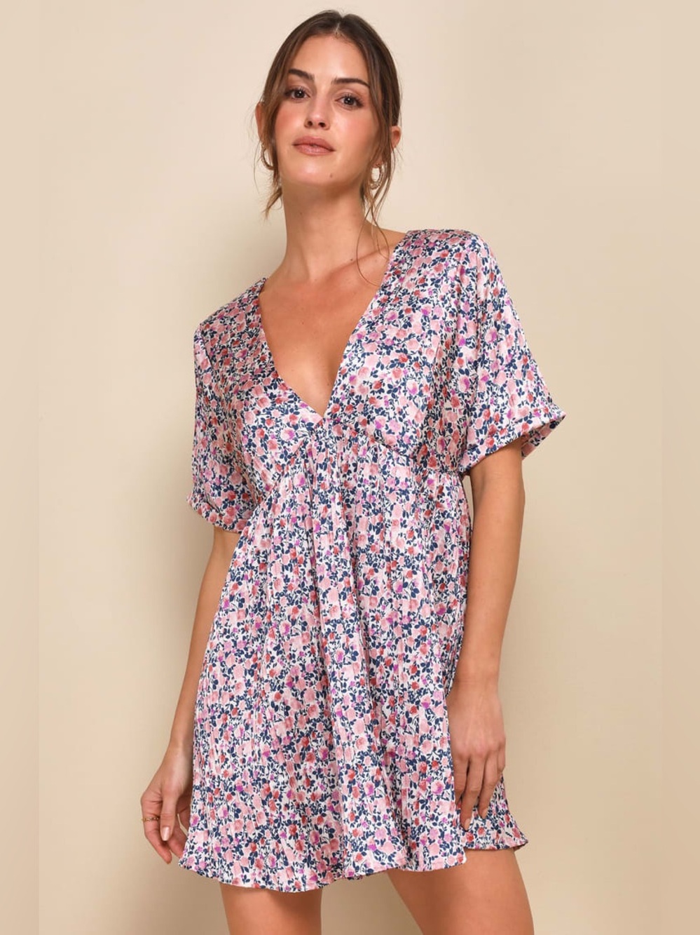 Lulu's Express Yourself Blush Pink Floral Print Satin Babydoll Dress